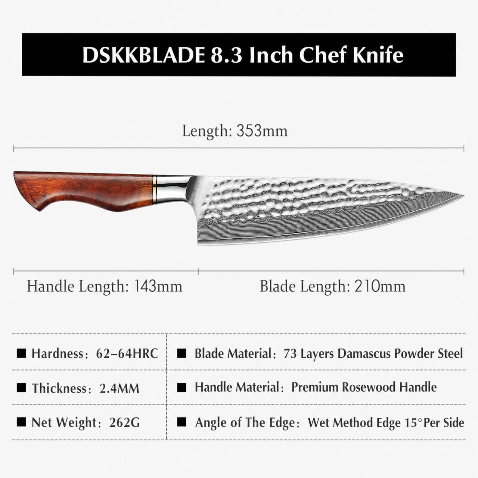 8.5 Inch Damascus Chef Knife, 73 Layer Powder Steel, Rosewood Handle, Cooking Gift