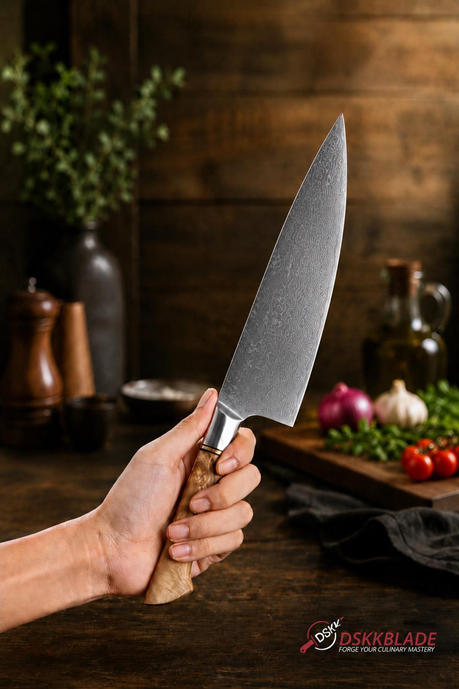 8.3 Inch Damascus Chef Knife, 67 Layer Japanese Steel, Figured Sycamore Wood Handle