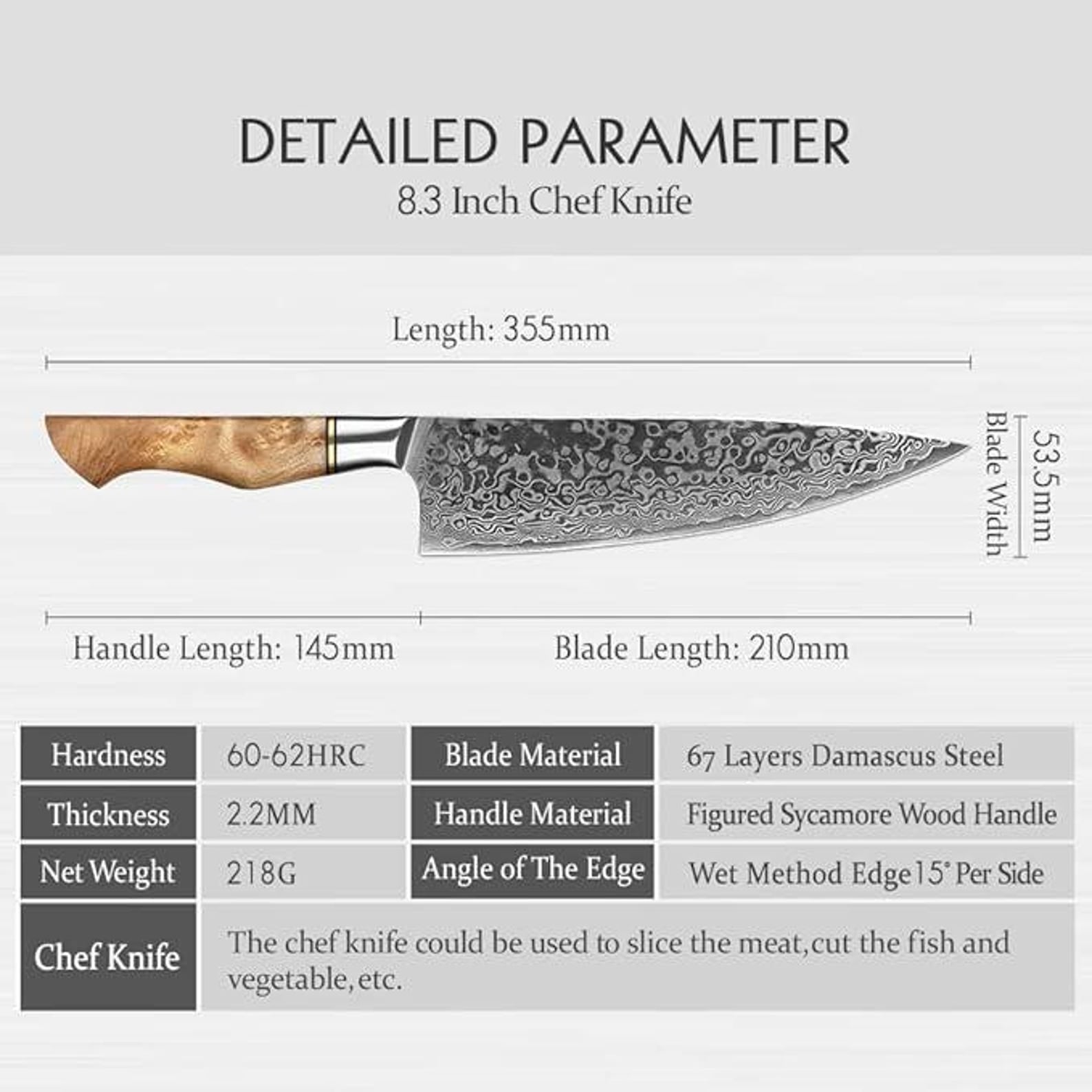 8.3 Inch Damascus Chef Knife, 67 Layer Japanese Steel, Figured Sycamore Wood Handle
