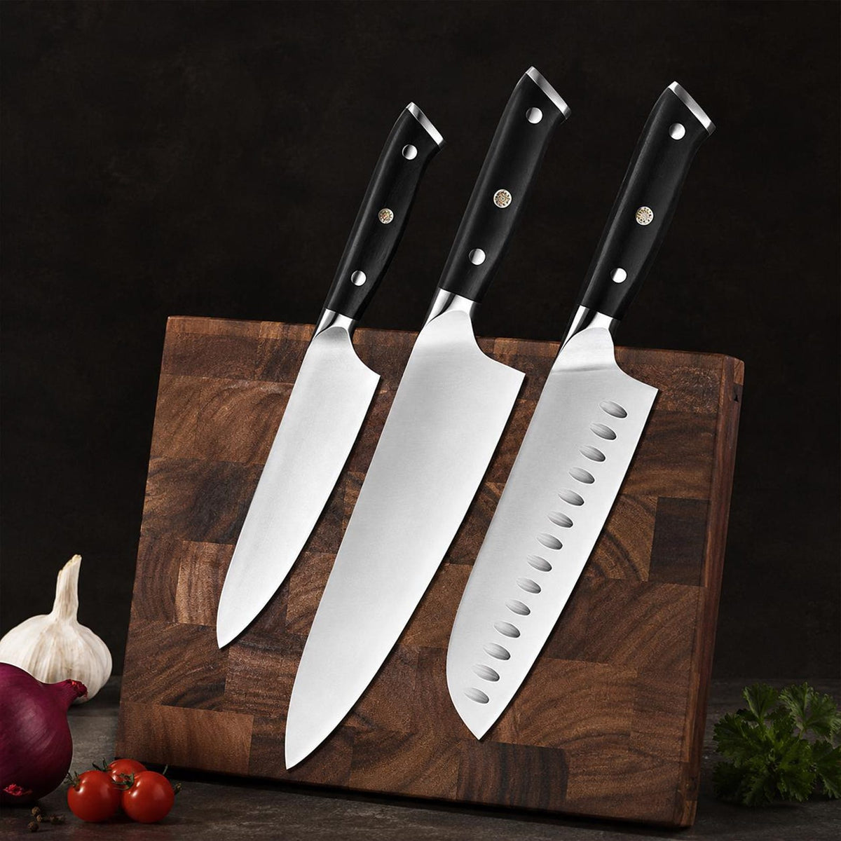 B35 3-Piece German Stainless Steel Kitchen Knife Set – Chef, Santoku & Utility Knives