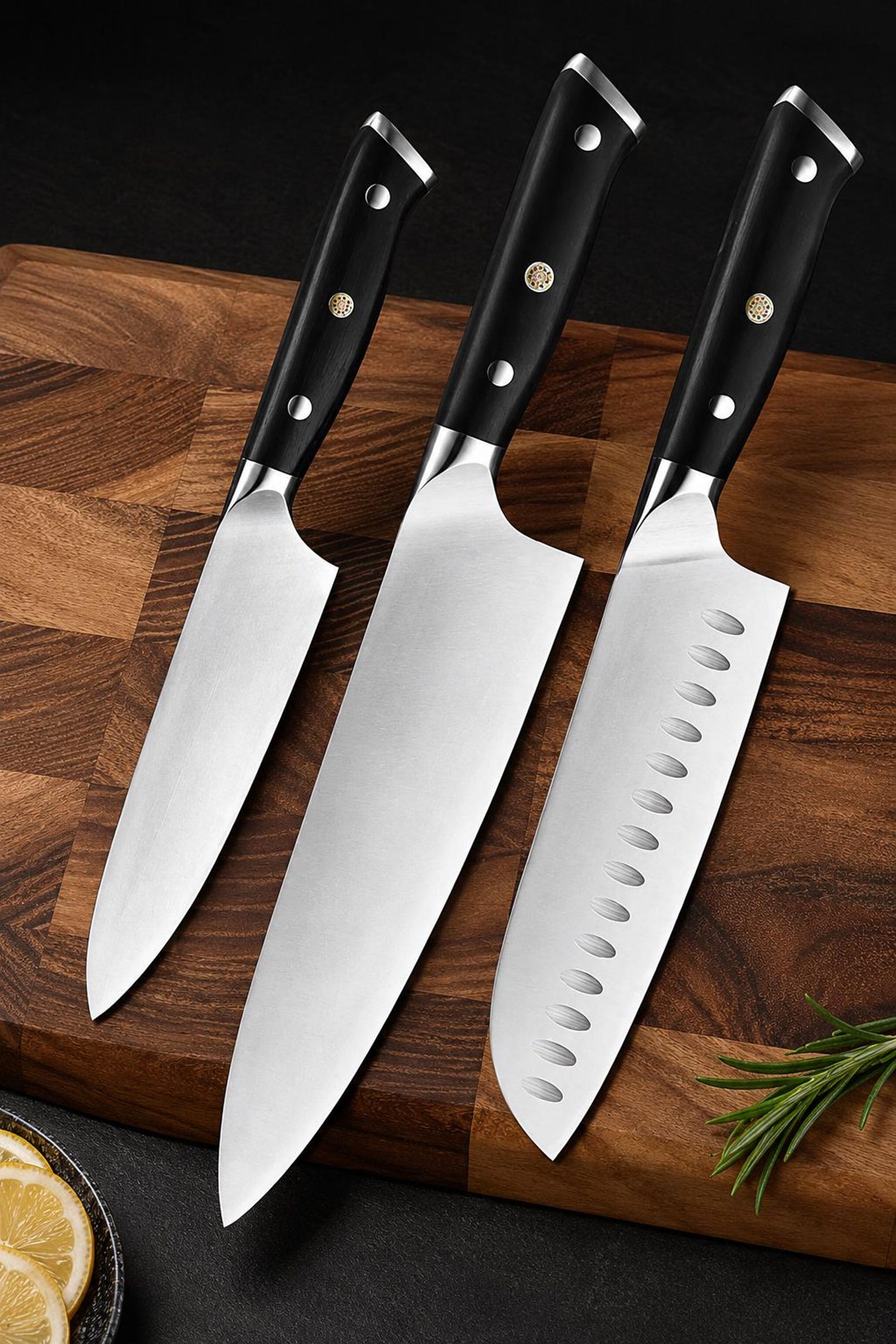 B35 3-Piece German Stainless Steel Kitchen Knife Set – Chef, Santoku & Utility Knives