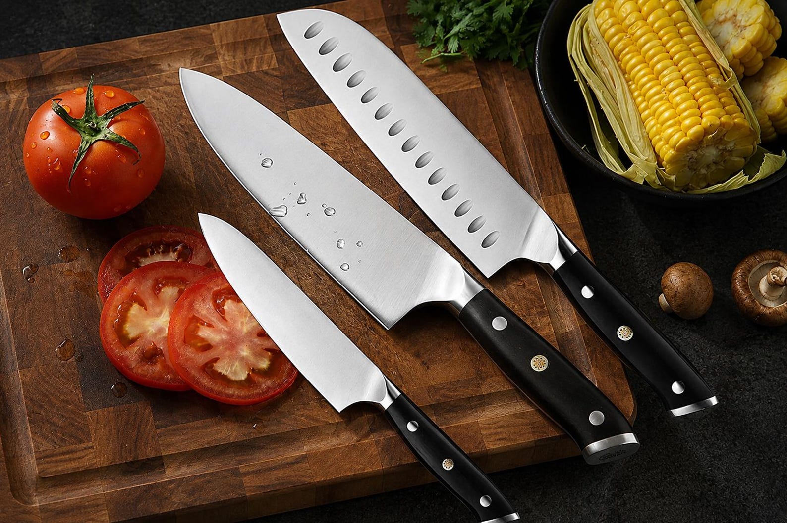 B35 3-Piece German Stainless Steel Kitchen Knife Set – Chef, Santoku & Utility Knives