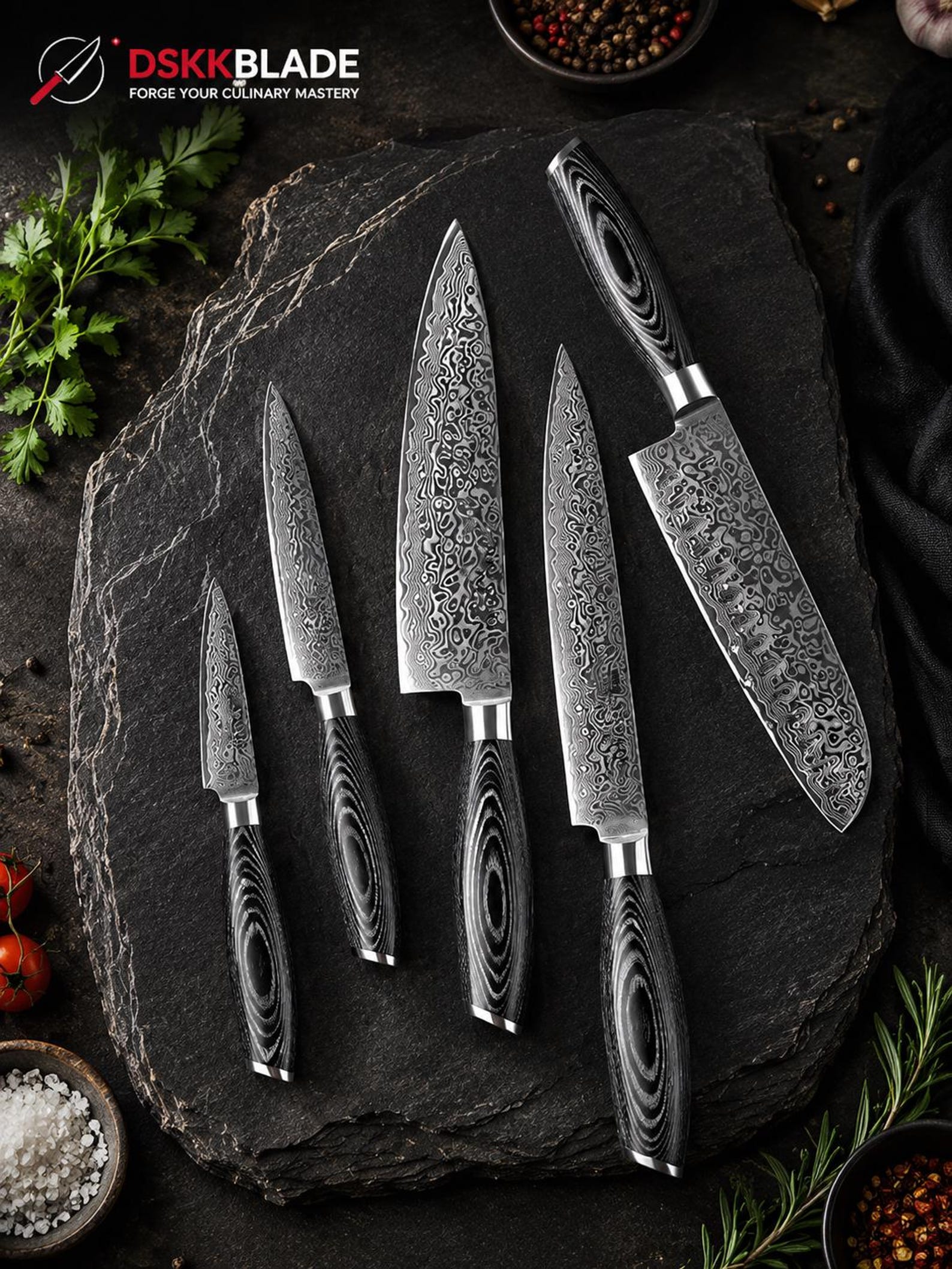 5 PCS Damascus Knife Set | 67 Layer Steel Chef Knives with Pakka Wood Handle | Japanese Style Kitchen | Professional Cookware Gift