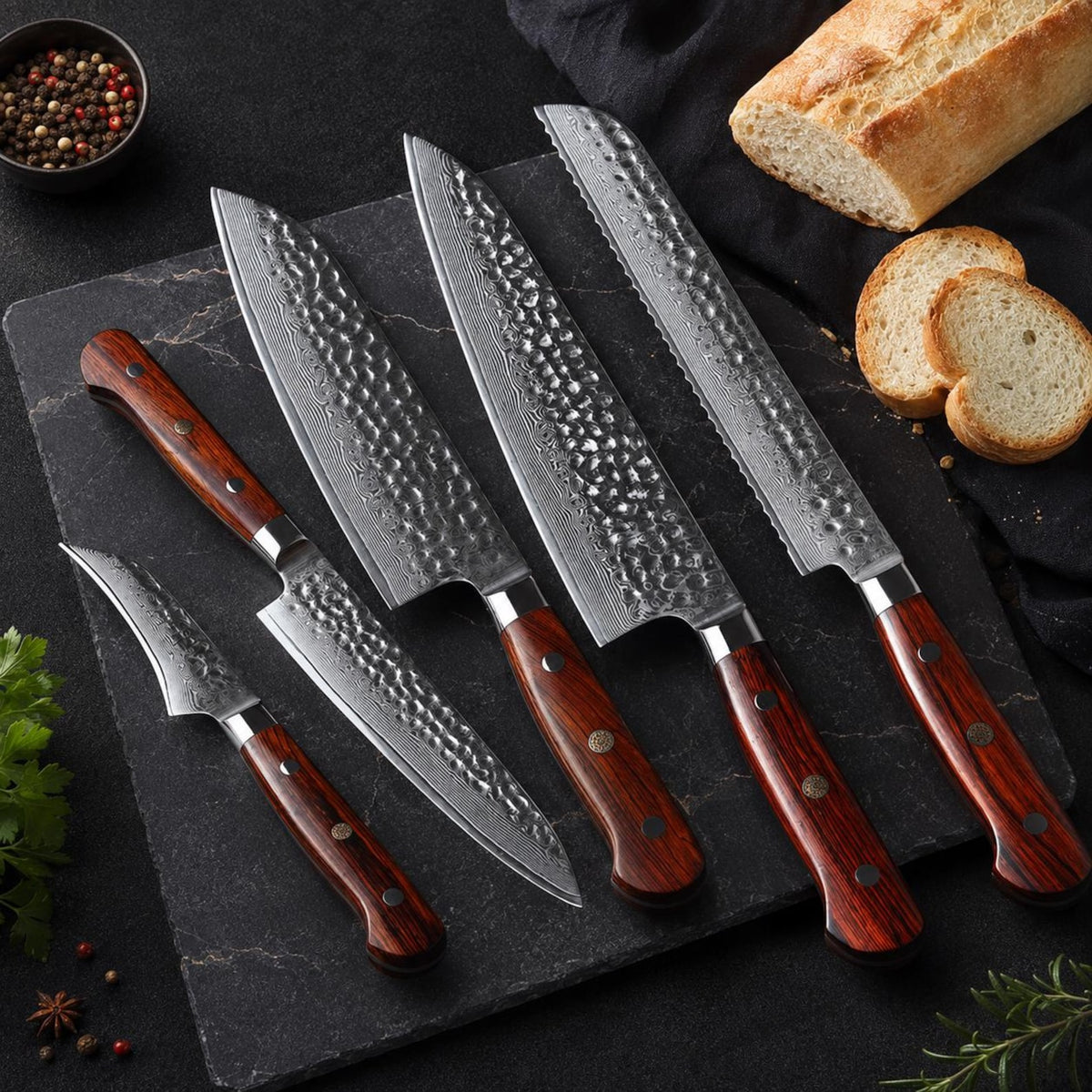 5-Piece Damascus Kitchen Knife Set – 67 Layer High Carbon Steel Knives, Rosewood Triple Rivet Handles, Professional Chef Gift Set