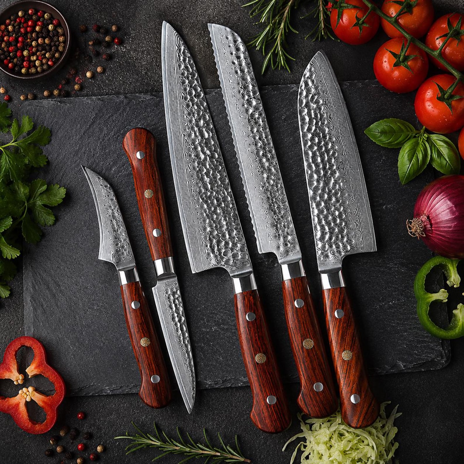 5-Piece Damascus Kitchen Knife Set – 67 Layer High Carbon Steel Knives, Rosewood Triple Rivet Handles, Professional Chef Gift Set