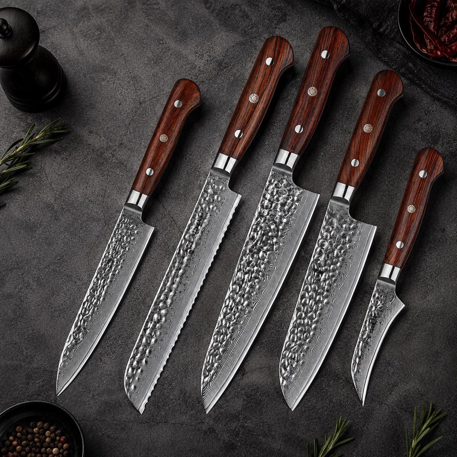 5-Piece Damascus Kitchen Knife Set – 67 Layer High Carbon Steel Knives, Rosewood Triple Rivet Handles, Professional Chef Gift Set
