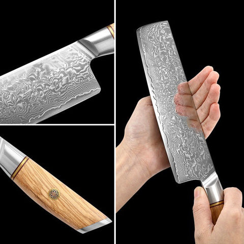 X01 7.5 Inch Nakiri Knife, 73 LAYERS Damascus Steel with Poweder Having Olive Wood Handle