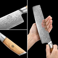 X01 7.5 Inch Nakiri Knife, 73 LAYERS Damascus Steel with Poweder Having Olive Wood Handle
