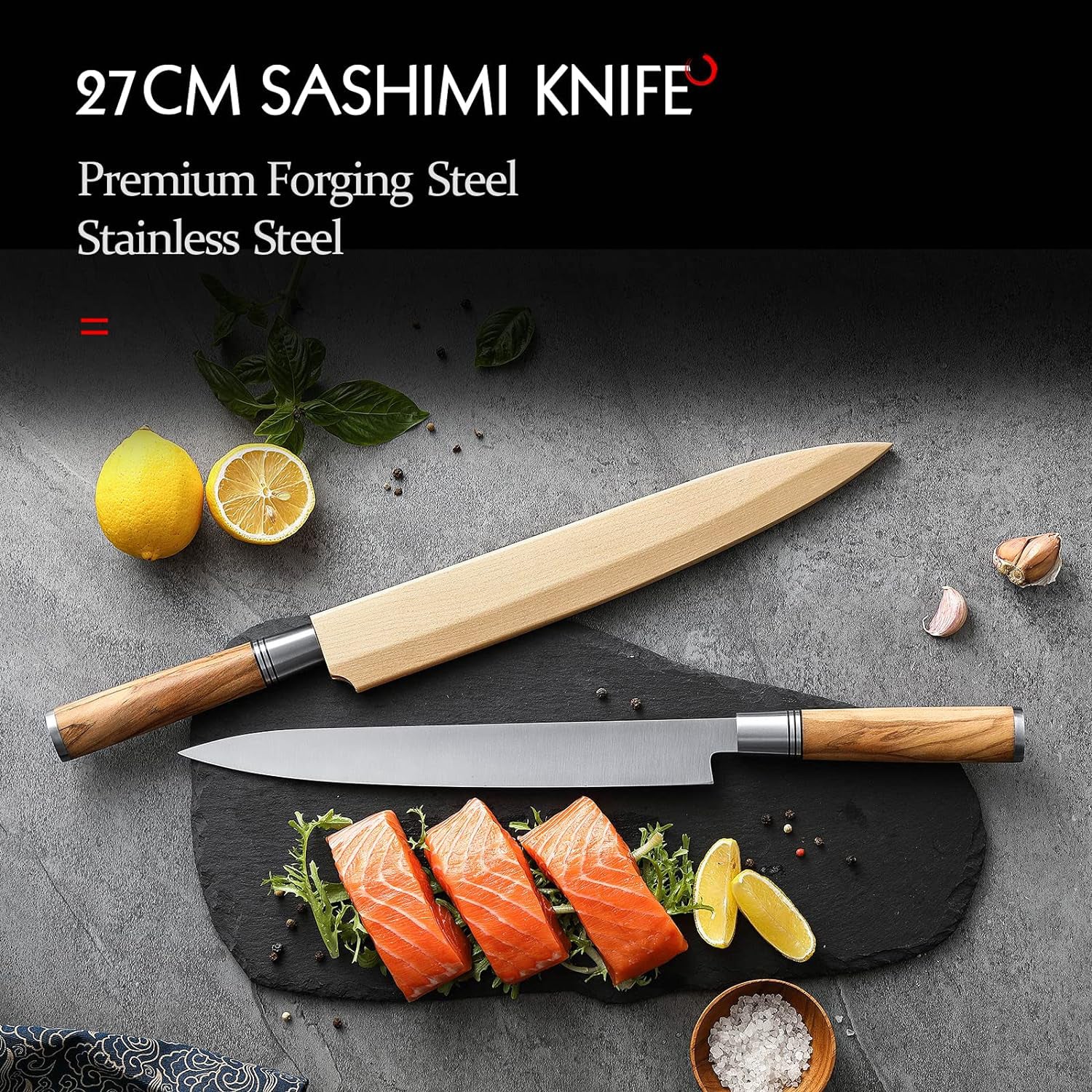 DSKK 270 Sashimi Knife+ Wooden Sheath, Having Nature Olive Wood Handle