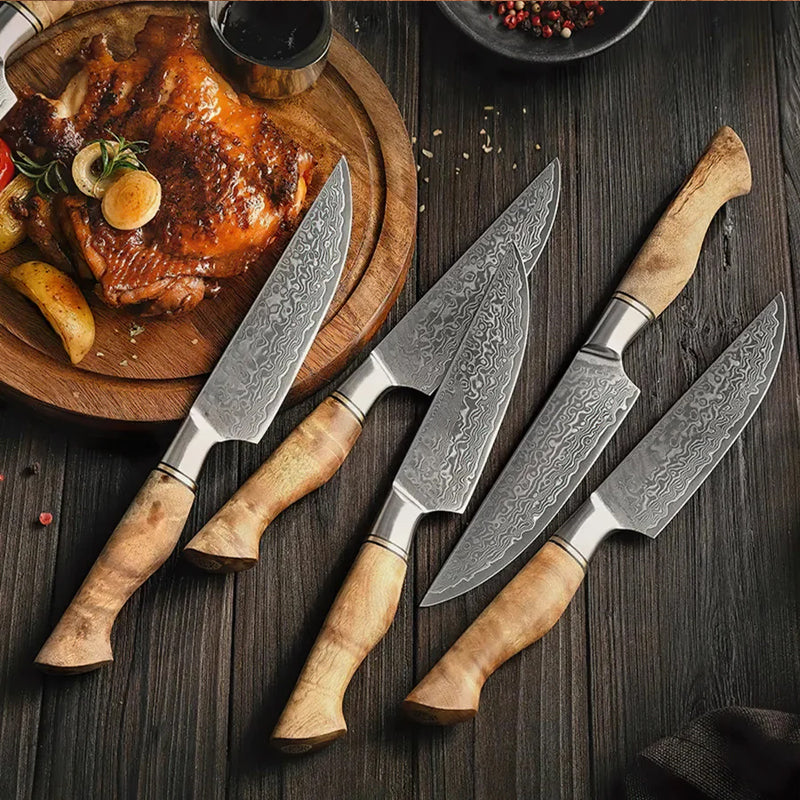 B30 5 Inch Steak Knife, 67 Layers Damascus Steel Having Figured Sycamore Wood Handle