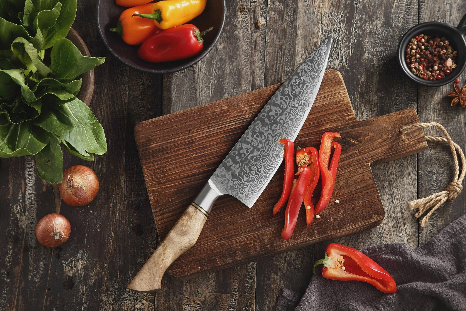 5PC Damascus Chef Knife Set, 67 Layer Japanese Style, Figured Sycamore Wood Handles