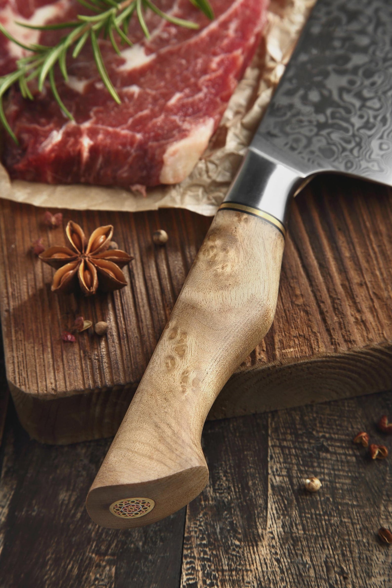 5PC Damascus Chef Knife Set, 67 Layer Japanese Style, Figured Sycamore Wood Handles