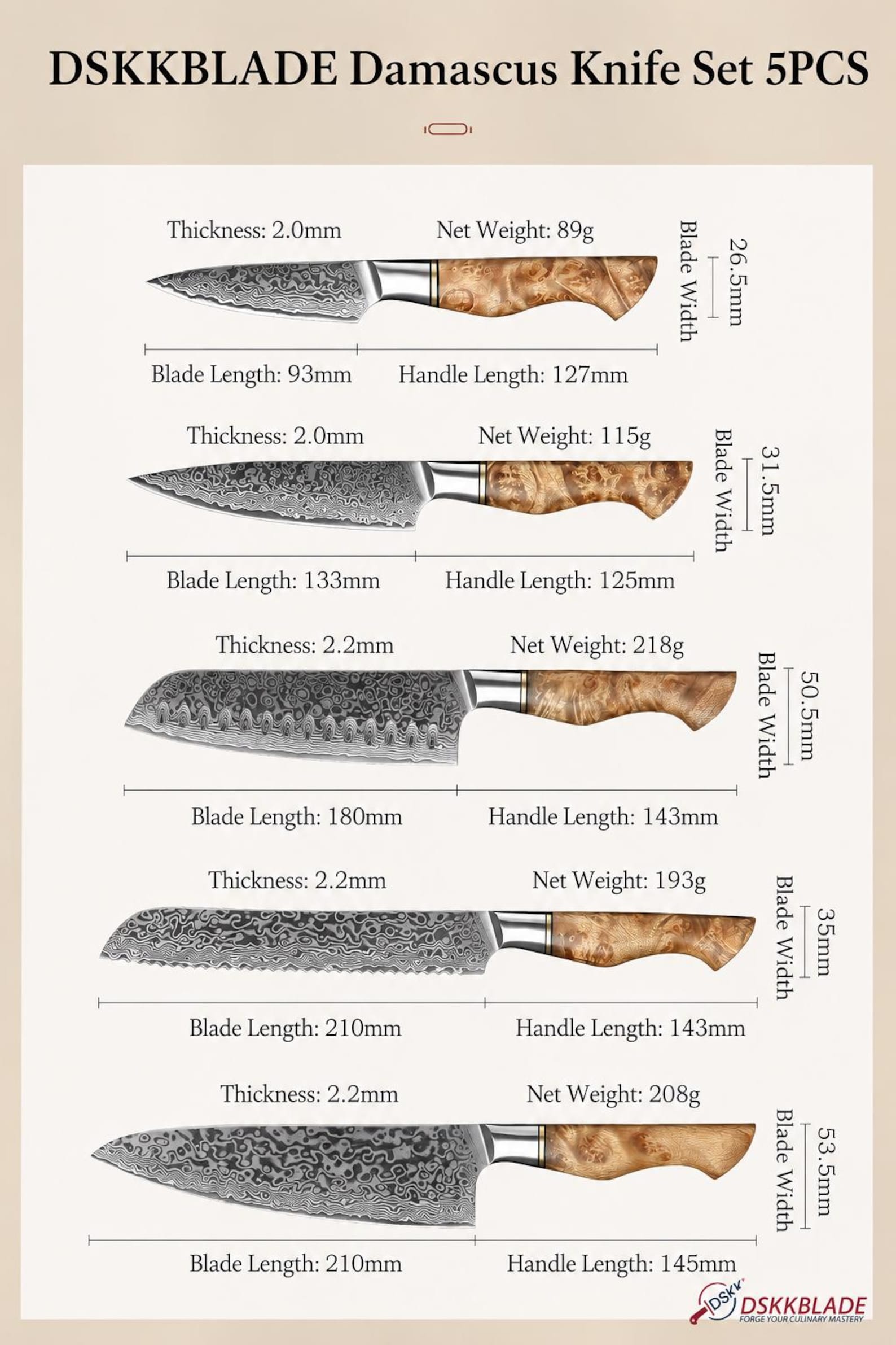 5PC Damascus Chef Knife Set, 67 Layer Japanese Style, Figured Sycamore Wood Handles