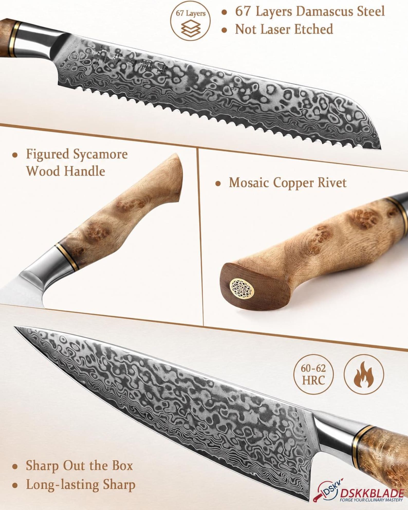 5PC Damascus Chef Knife Set, 67 Layer Japanese Style, Figured Sycamore Wood Handles
