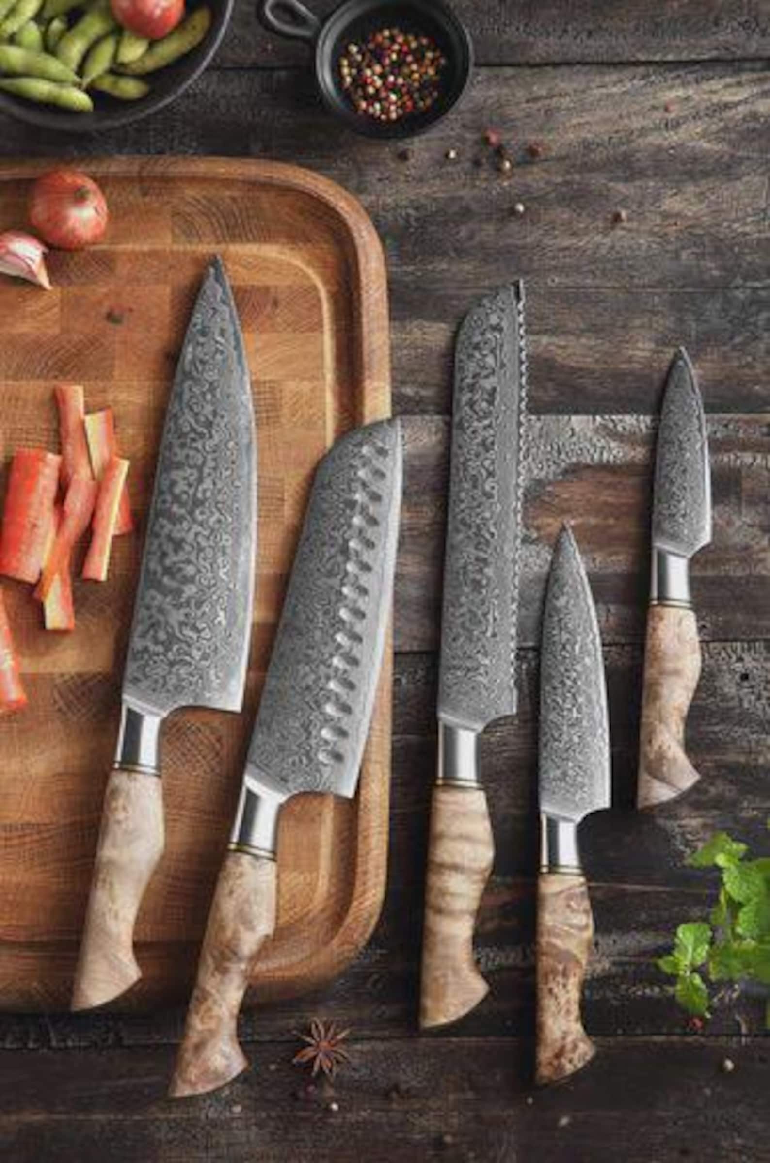 5PC Damascus Chef Knife Set, 67 Layer Japanese Style, Figured Sycamore Wood Handles
