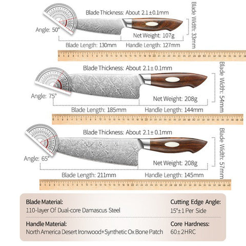 Black Wolf Series 3pcs Damascus Steel Chef, Santoku And Utility Knife Set