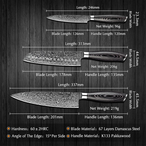 Benchmark Series 3pcs Damascus Knife Set Having Pakka Wood Handle