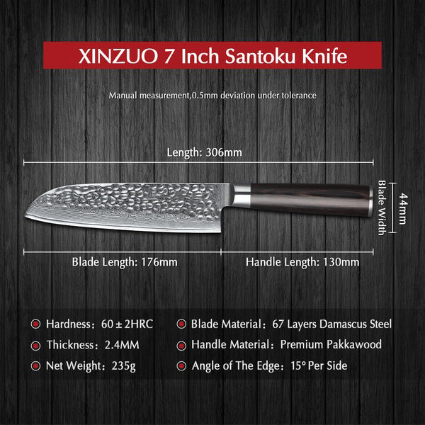 B1Z 7 inch 67 Layers Damascus steel santoku Knife having Nature ebony wood Used to Cut Vegetables, Meat, and Fish