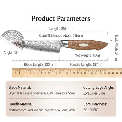 Black Wolf 5 Inch Damascus Steel Utility Knife With Walnut Wood Handle