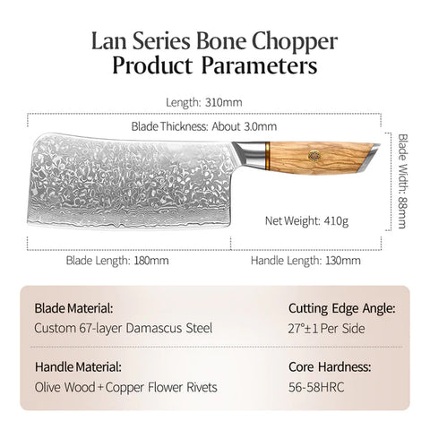 X01 7 Inch Bone Chopper, 67 Layers Damascus Steel Having Olive Wood Handle