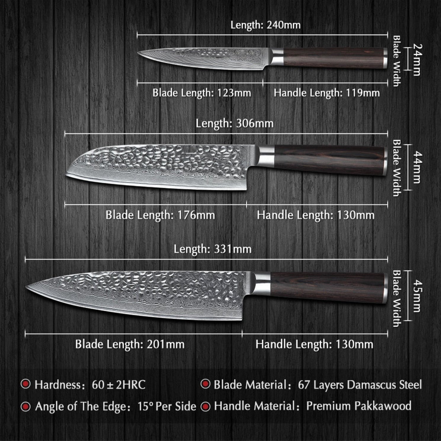 B1Z 3pcs Damascus knife Set 1 pc 8 inch chef knife, 1 pc 7 inch santoku knife, 1 pc 5 inch utility knife Having Nature ebony Wood Handle