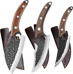 Handmade Forged Chef Knife Set – 3 Pcs High Carbon Steel with Leather Sheaths