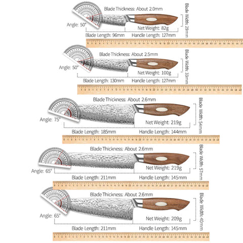 Black Wolf Series 5pcs Damascus Steel Chef, Bread,Santoku,Utility And Paring Knife