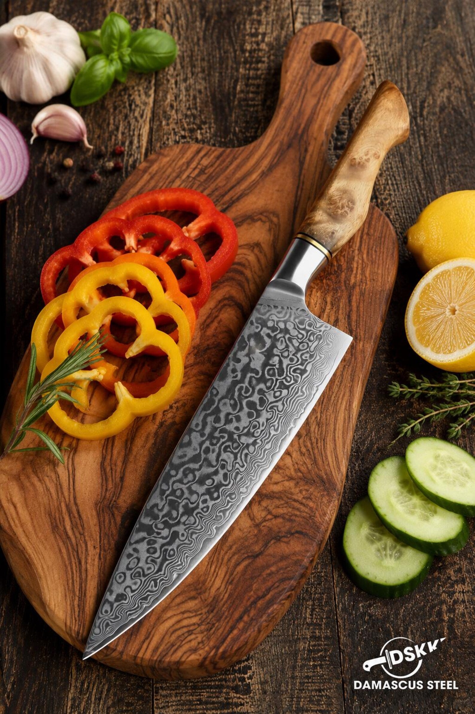 8.3 Inch Damascus Chef Knife, 67 Layer Japanese Steel, Figured Sycamore Wood Handle