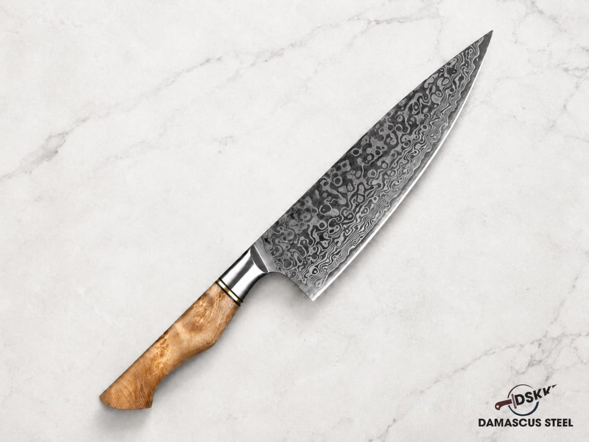 8.3 Inch Damascus Chef Knife, 67 Layer Japanese Steel, Figured Sycamore Wood Handle