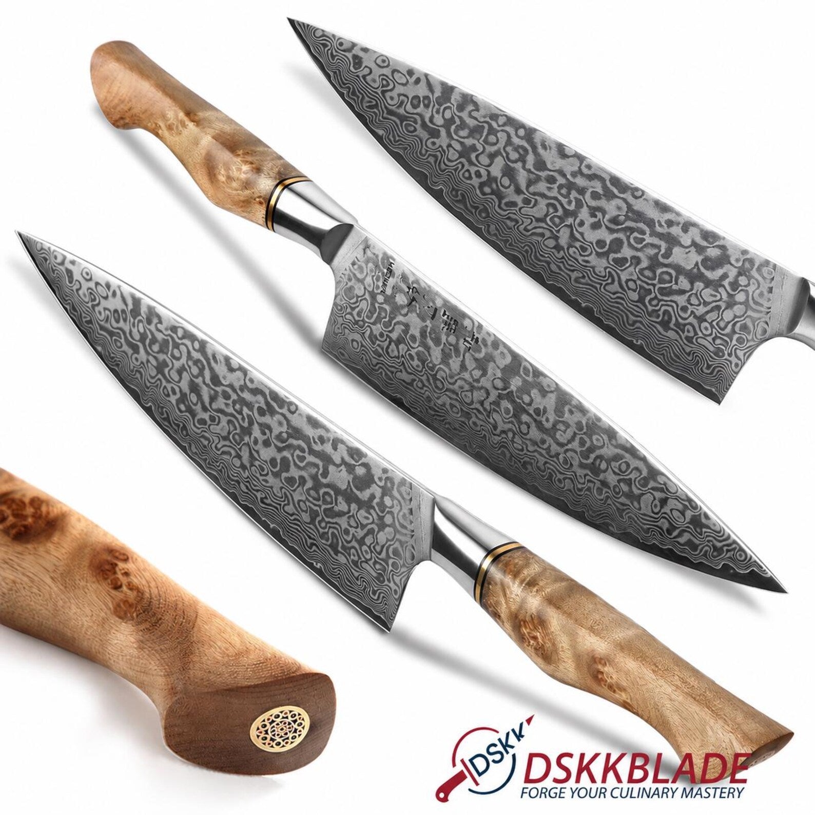 8.3 Inch Damascus Chef Knife, 67 Layer Japanese Steel, Figured Sycamore Wood Handle