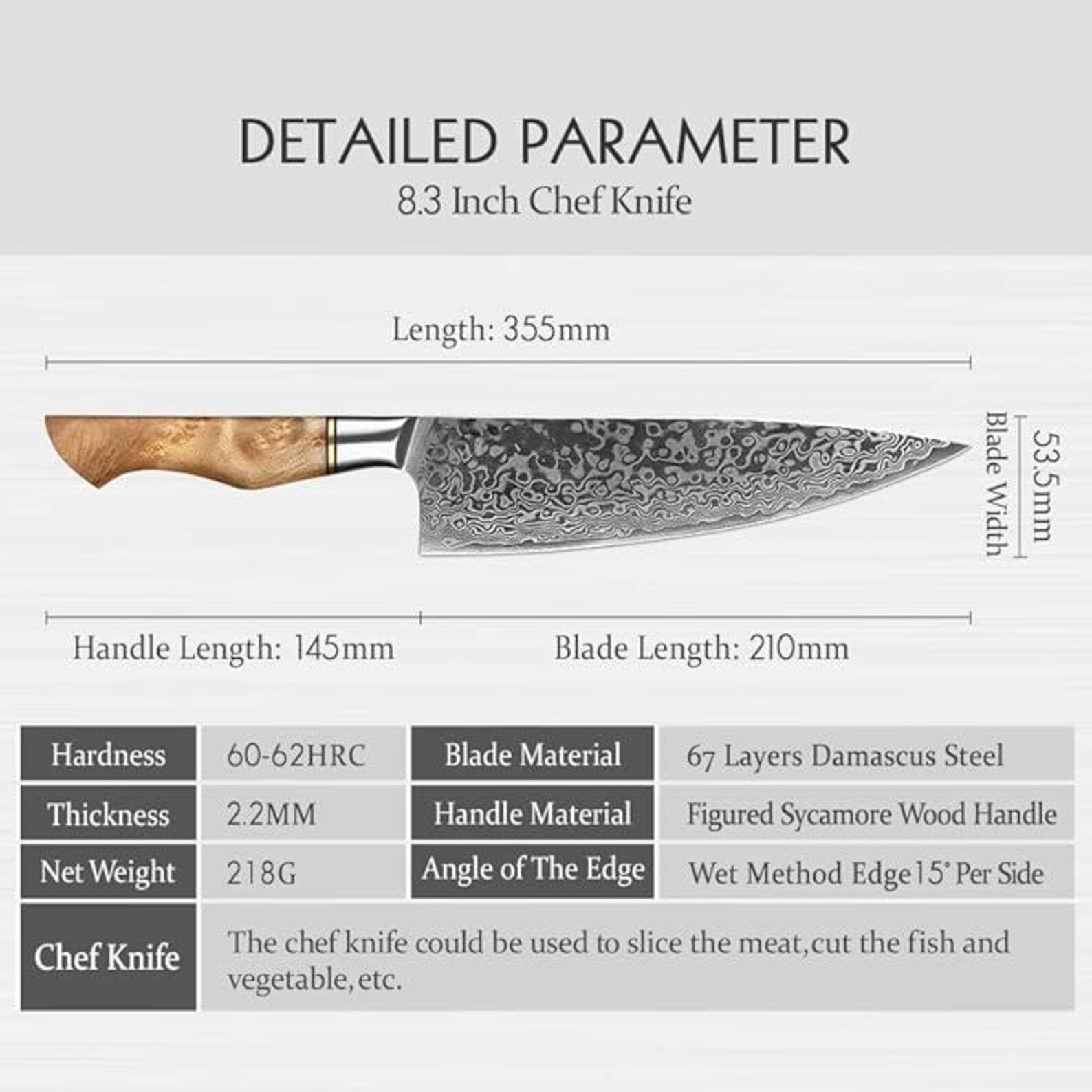 8.3 Inch Damascus Chef Knife, 67 Layer Japanese Steel, Figured Sycamore Wood Handle