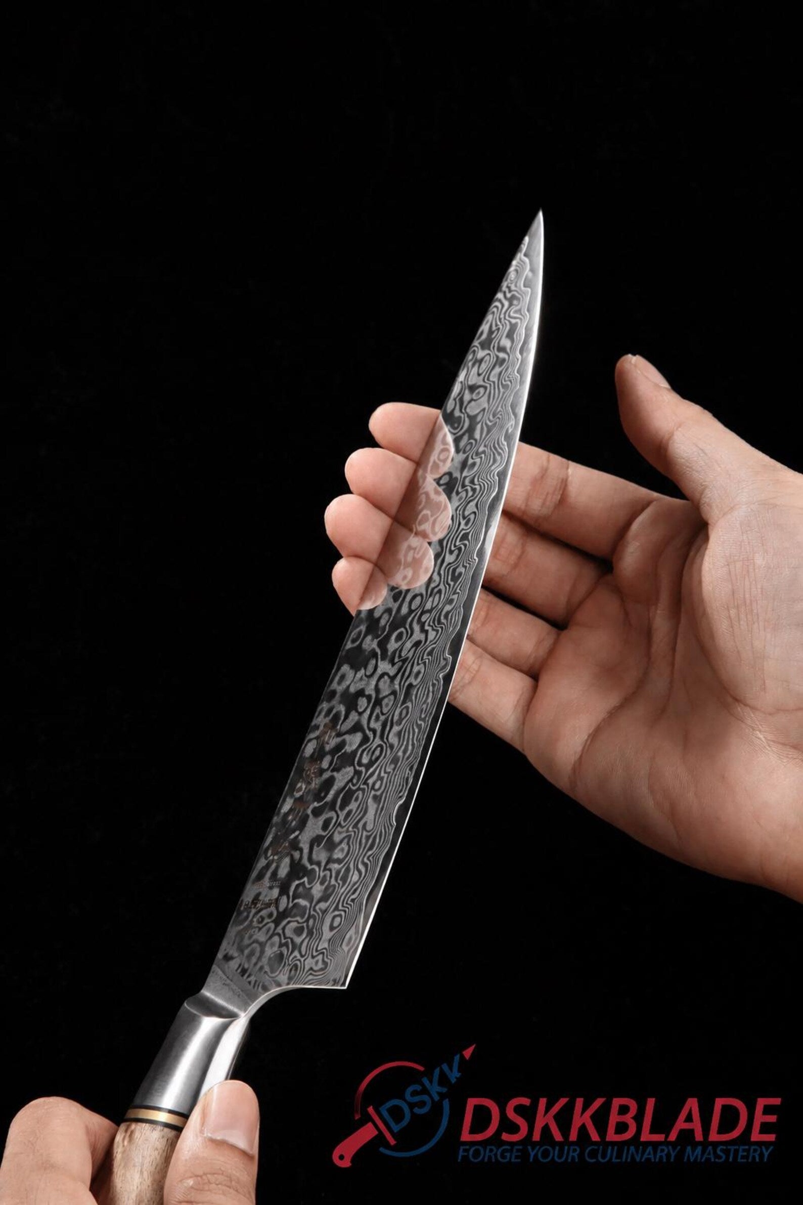 8.3 Inch Damascus Chef Knife, 67 Layer Japanese Steel, Figured Sycamore Wood Handle