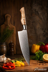 8.3 Inch Damascus Chef Knife, 67 Layer Japanese Steel, Figured Sycamore Wood Handle
