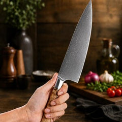 8.3 Inch Damascus Chef Knife, 67 Layer Japanese Steel, Figured Sycamore Wood Handle