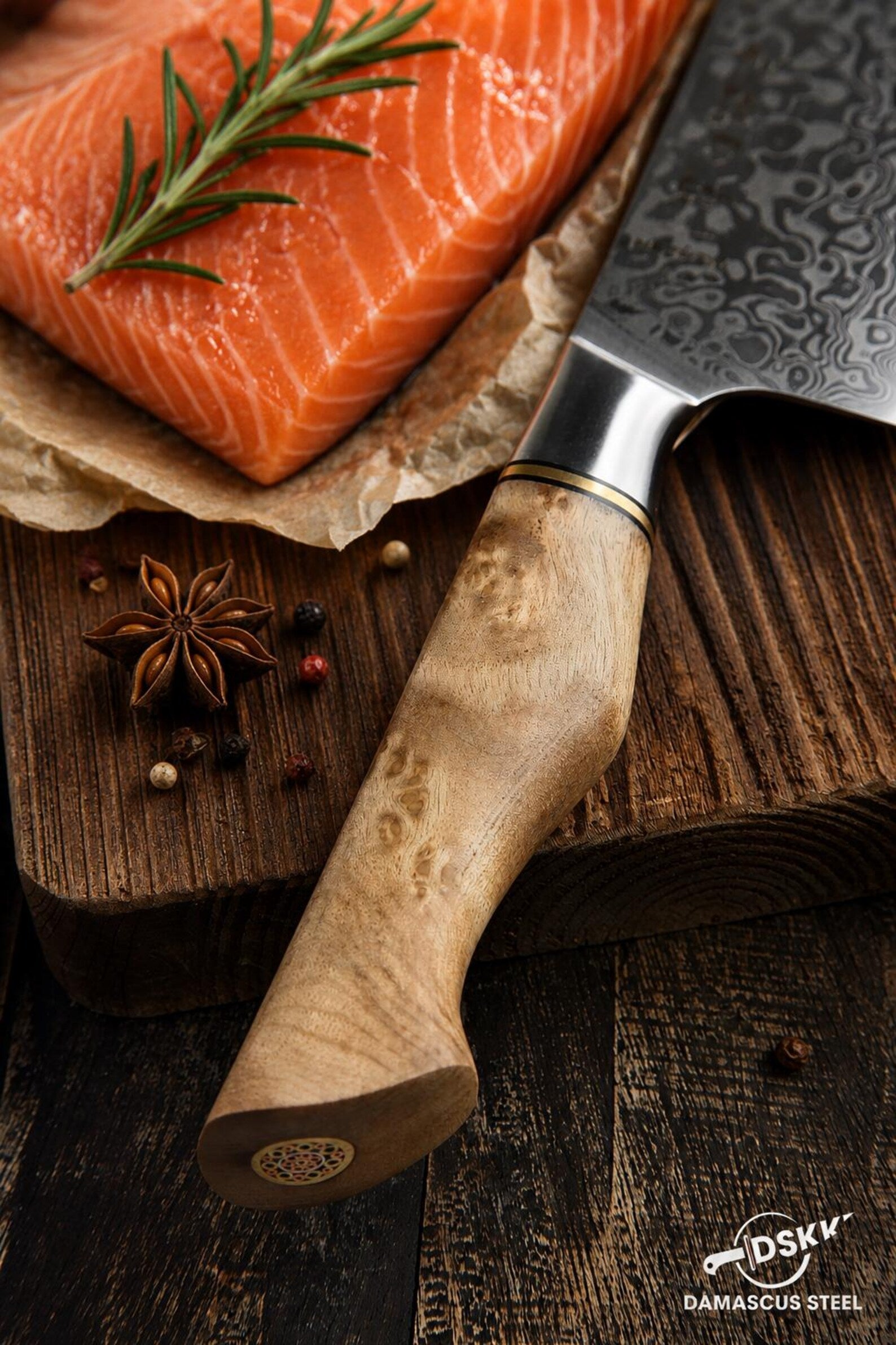 8.3 Inch Damascus Chef Knife, 67 Layer Japanese Steel, Figured Sycamore Wood Handle