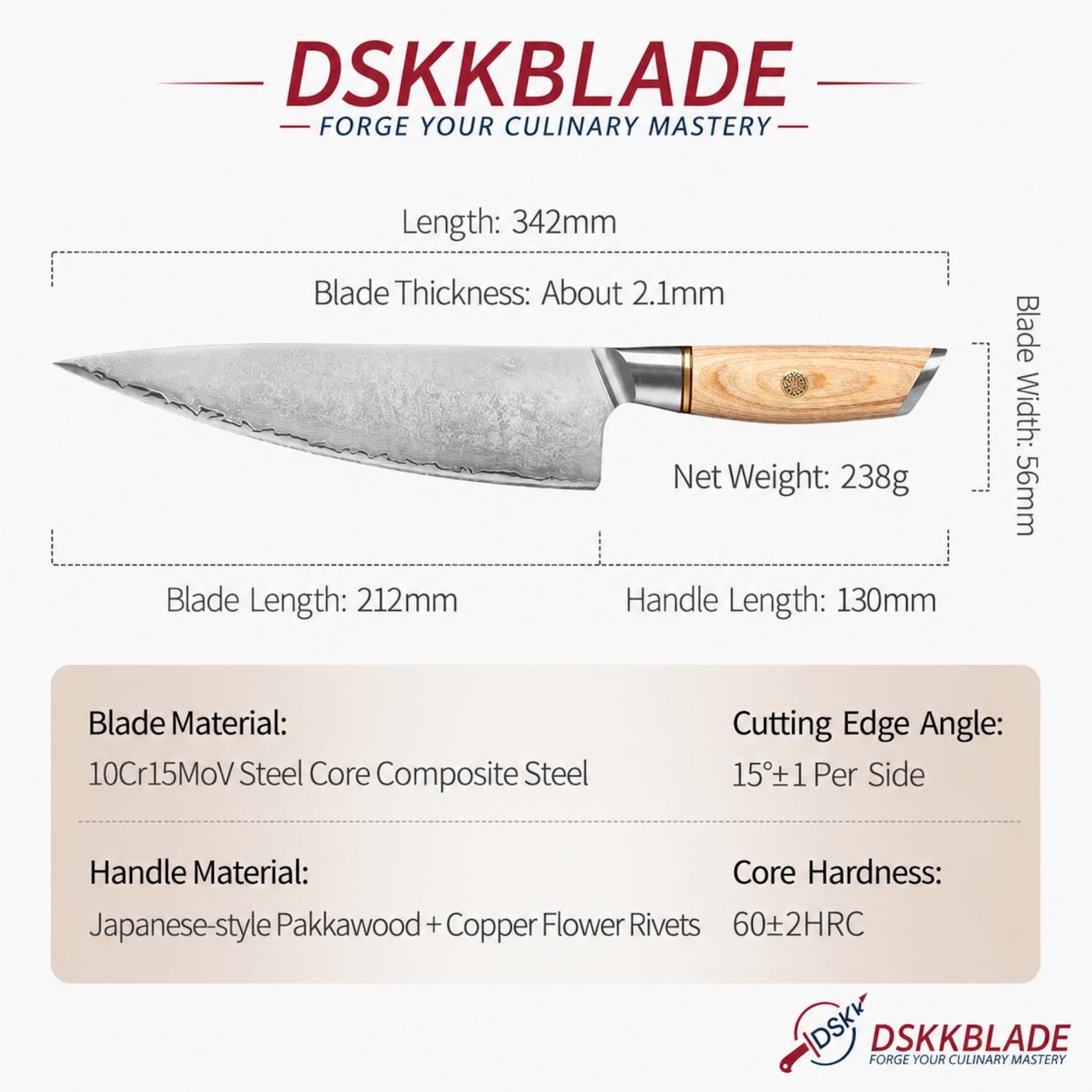 8.5 Inch Composite Steel Chef Knife, Pakkawood Handle, Professional Kitchen Slicing Knife