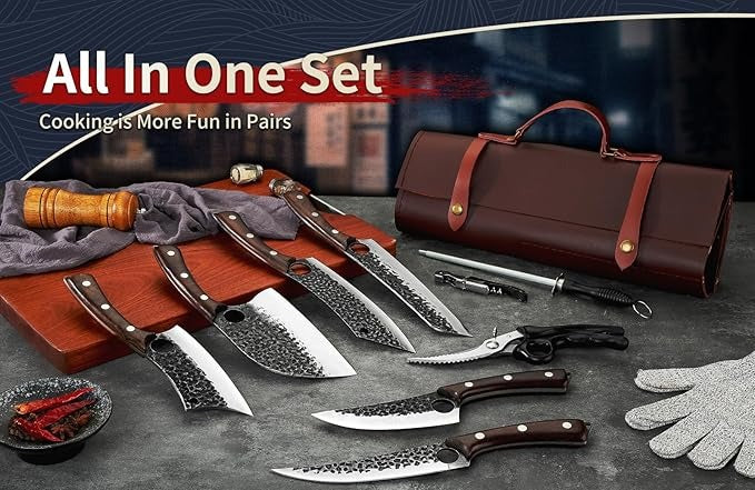 Hand Forged Serbian Chef Knife Set With Full Tang Leather Sheath