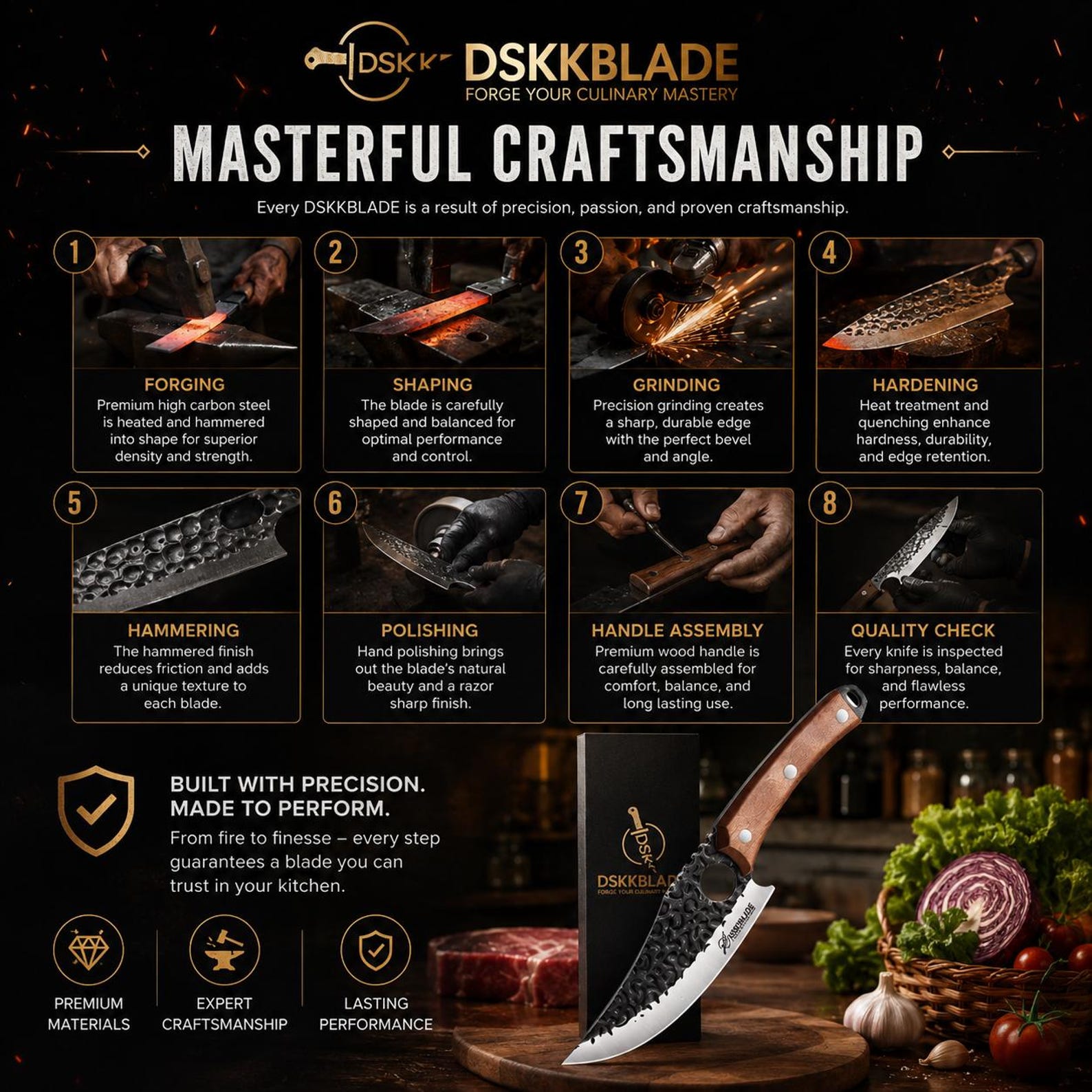 9.5” Japanese Hand Forged Chef Knife | Carbon Steel Damascus Kitchen Knife | Ebony Wood Handle | Ultra Sharp Professional Cooking