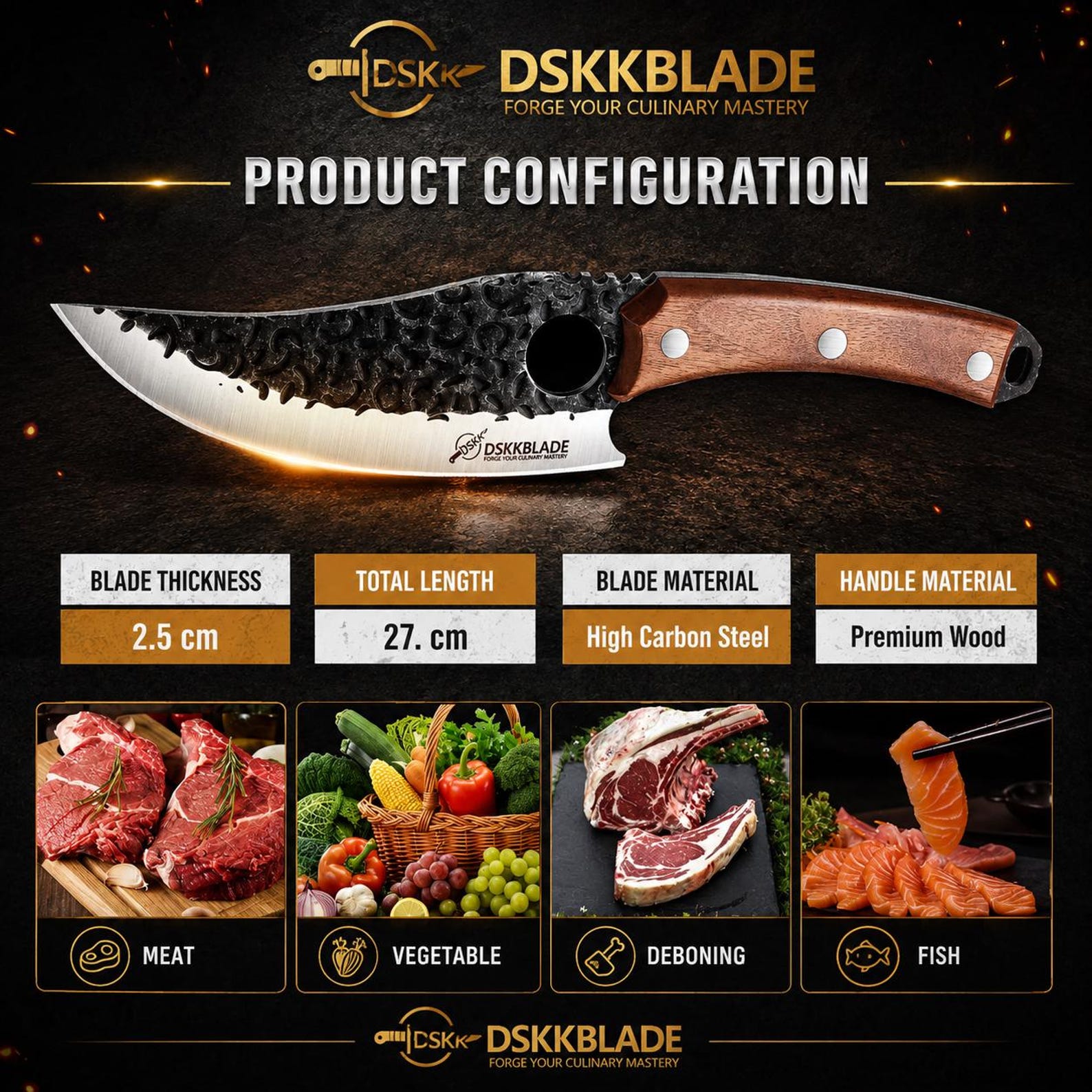 9.5” Japanese Hand Forged Chef Knife | Carbon Steel Damascus Kitchen Knife | Ebony Wood Handle | Ultra Sharp Professional Cooking