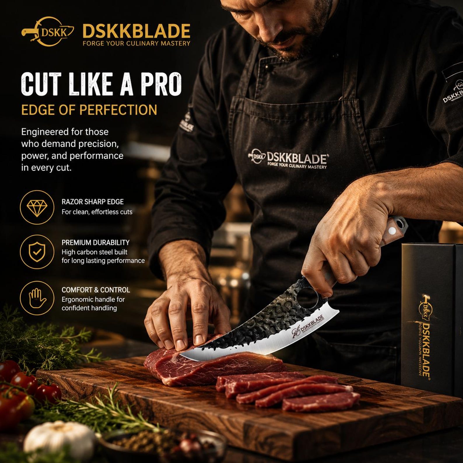 9.5” Japanese Hand Forged Chef Knife | Carbon Steel Damascus Kitchen Knife | Ebony Wood Handle | Ultra Sharp Professional Cooking