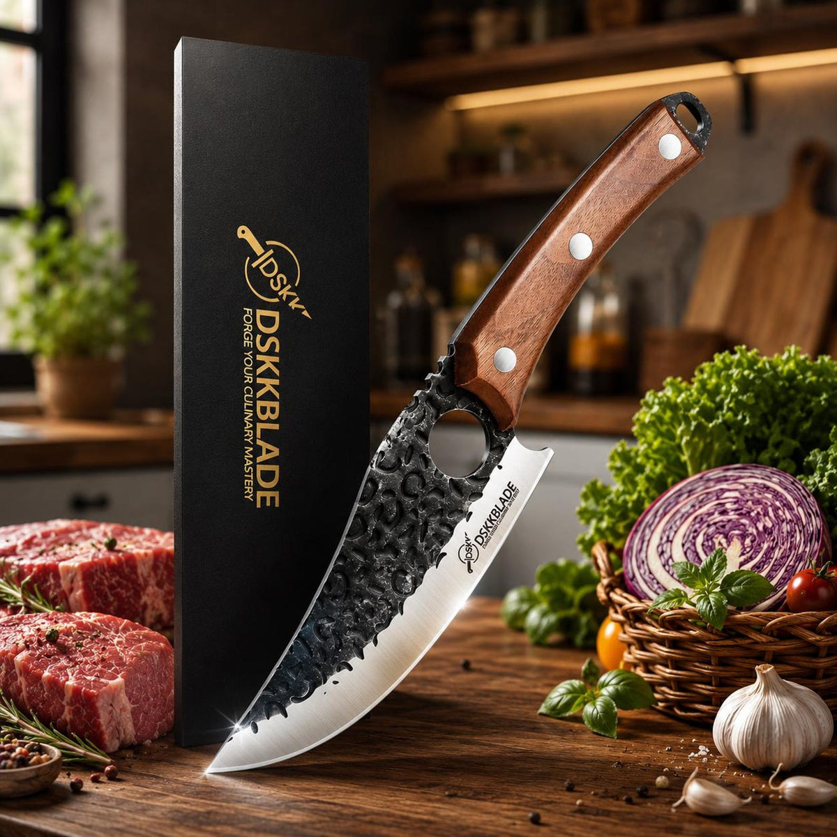 9.5” Japanese Hand Forged Chef Knife | Carbon Steel Damascus Kitchen Knife | Ebony Wood Handle | Ultra Sharp Professional Cooking