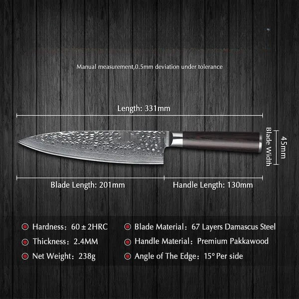 B1Z 8 inch 67 Layers Damascus steel chef knife with nature ebony wood Used to Slice, Dice, and Chop Ingredients with Precision