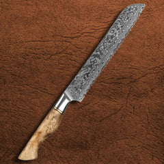 B30 8 Inch Bread Knife, 67 Layers Damascus Steel Having Figured Sycamore Wood Handle