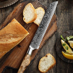 B30 8 Inch Bread Knife, 67 Layers Damascus Steel Having Figured Sycamore Wood Handle