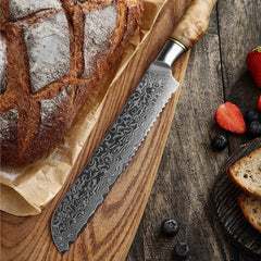 B30 8 Inch Bread Knife, 67 Layers Damascus Steel Having Figured Sycamore Wood Handle