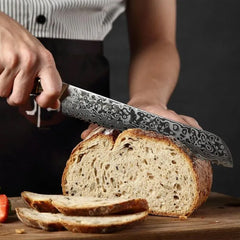 B30 8 Inch Bread Knife, 67 Layers Damascus Steel Having Figured Sycamore Wood Handle