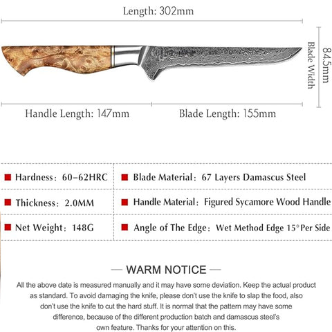 B30 6 Inch Boning Knife, 67 Layers Damascus Steel Having Figured Sycamore Wood Handle