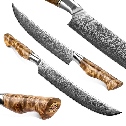 B30 10 Inch Carving Knife, 67 Layers Damascus Steel Having Figured Sycamore Wood Handle