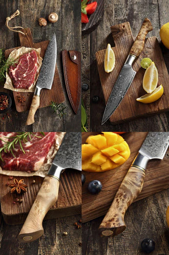 B30 2pcs Damascus Knife Set, 1 Pc 8 Inch Chef Knife, 1 Pc 5 Inch Utility Knife Having Figured Sycamore Wood Handle