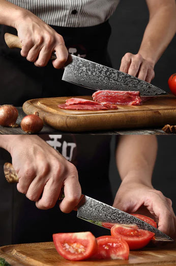 B30 2pcs Damascus Knife Set, 1 Pc 8 Inch Chef Knife, 1 Pc 5 Inch Utility Knife Having Figured Sycamore Wood Handle